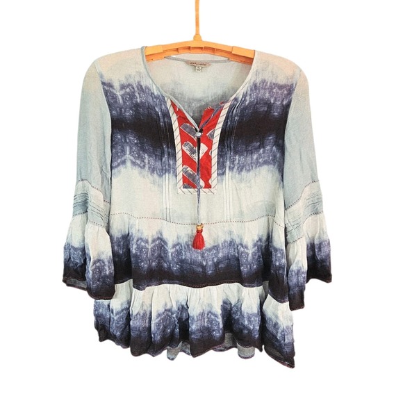John Mark Blue/White Ombre Tie Dye Striped Artsy Boho Tiered Tunic Top XL - Picture 1 of 7
